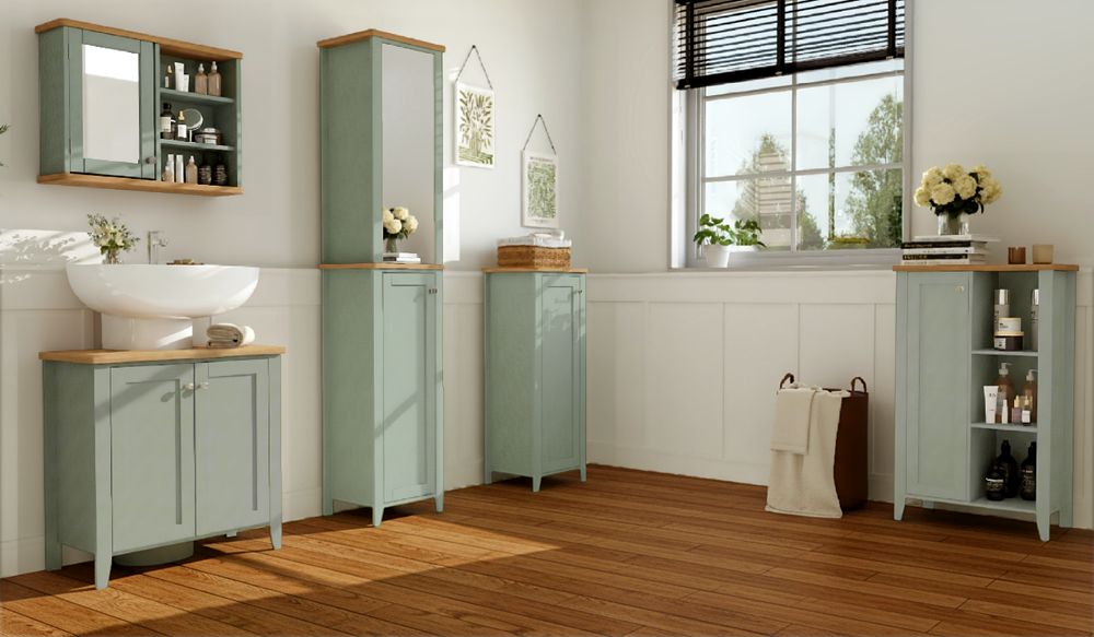 Olivia Single Mirrored Door Cabinet with Open Shelf - Sea Foam