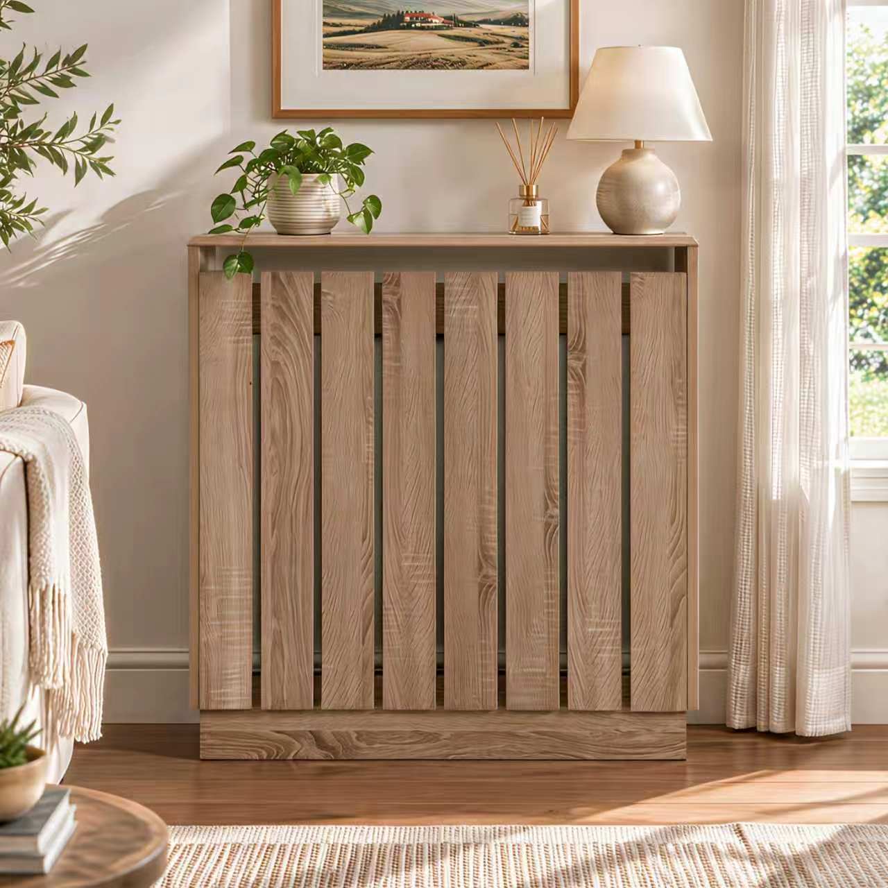 Eve Natural Oak Effect Radiator Cover Small – Modern Slatted Wooden Radiator Cabinet