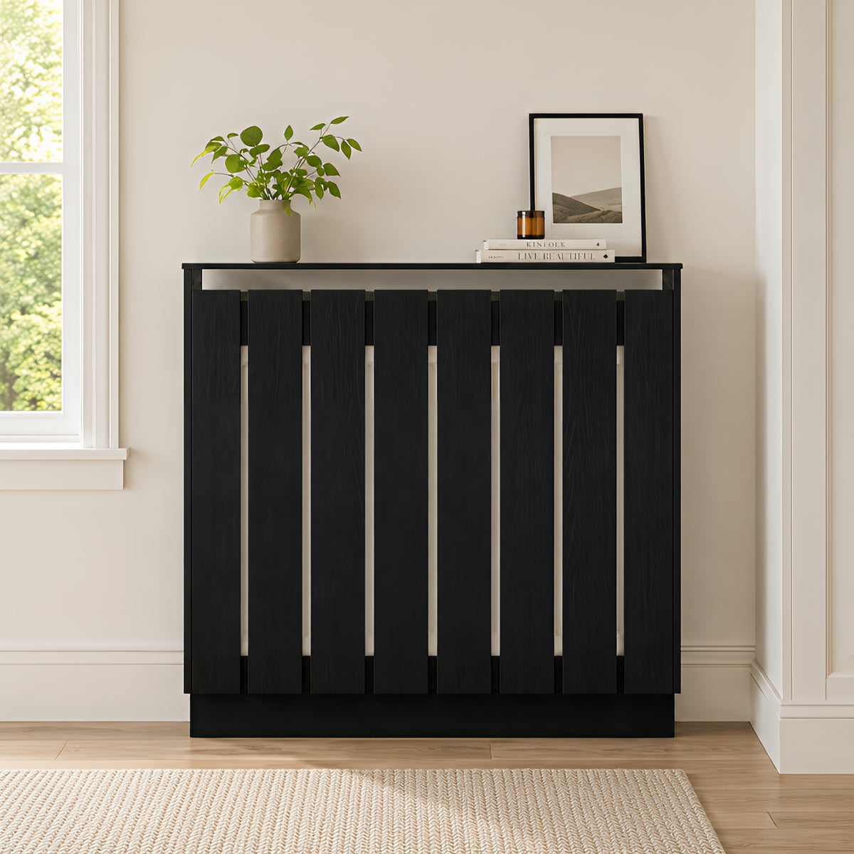 Eve Black Oak Effect Radiator Cover Small – Modern Slatted Wooden Radiator Cabinet