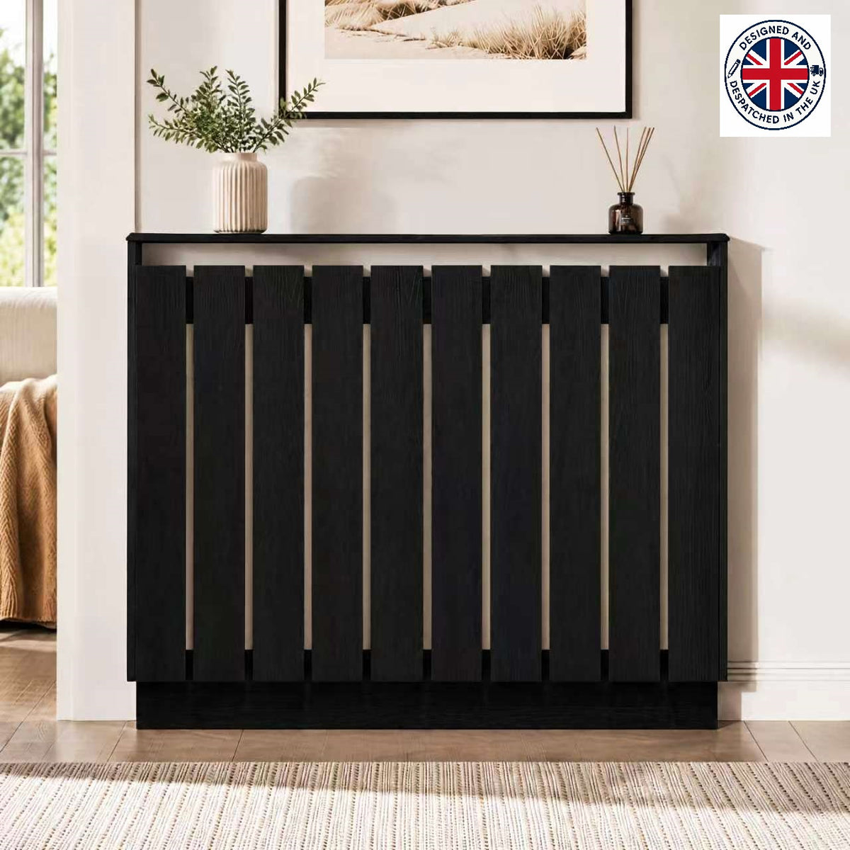 Eve Black Oak Effect Radiator Cover Medium – Modern Slatted Wooden Radiator Cabinet