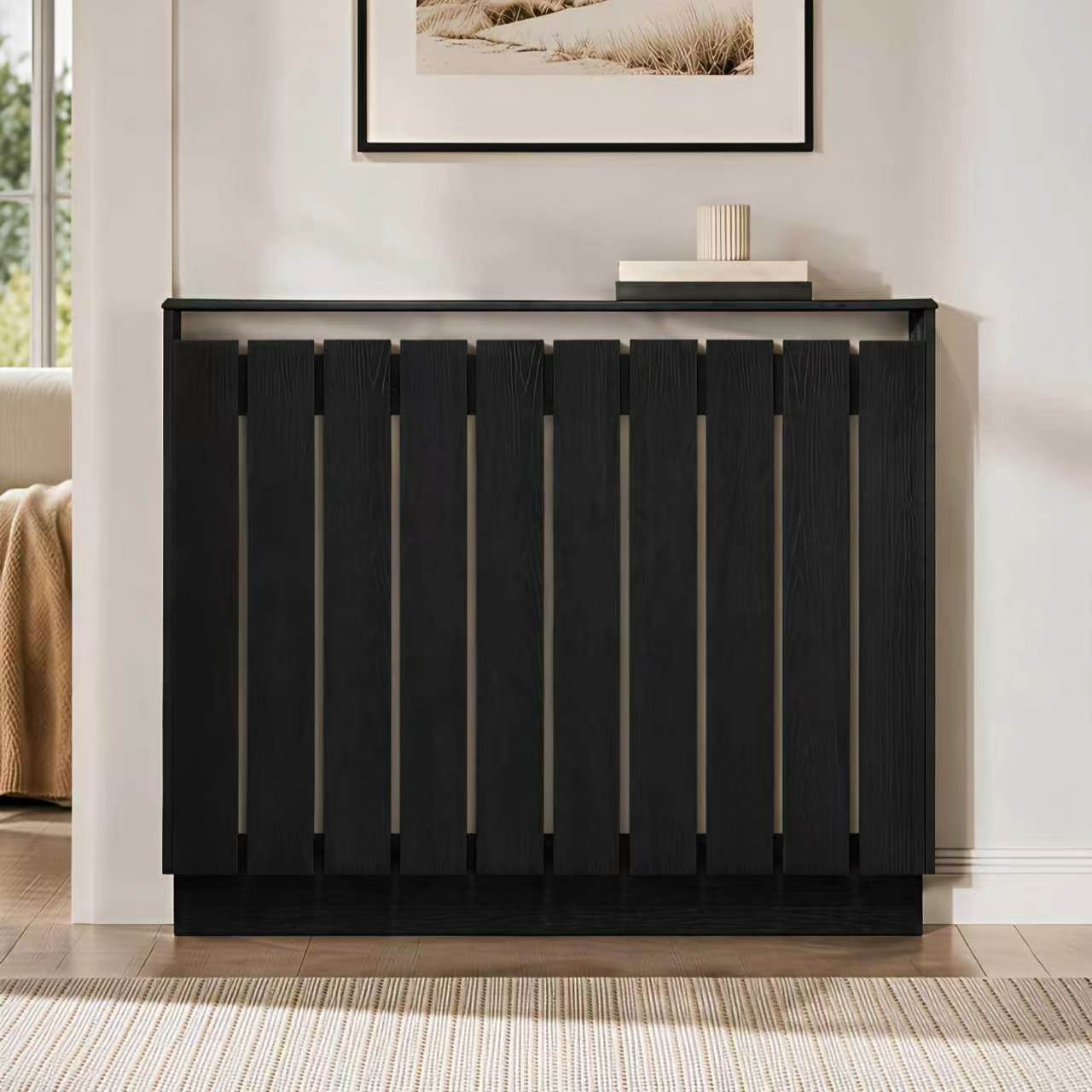 Eve Black Oak Effect Radiator Cover Medium – Modern Slatted Wooden Radiator Cabinet