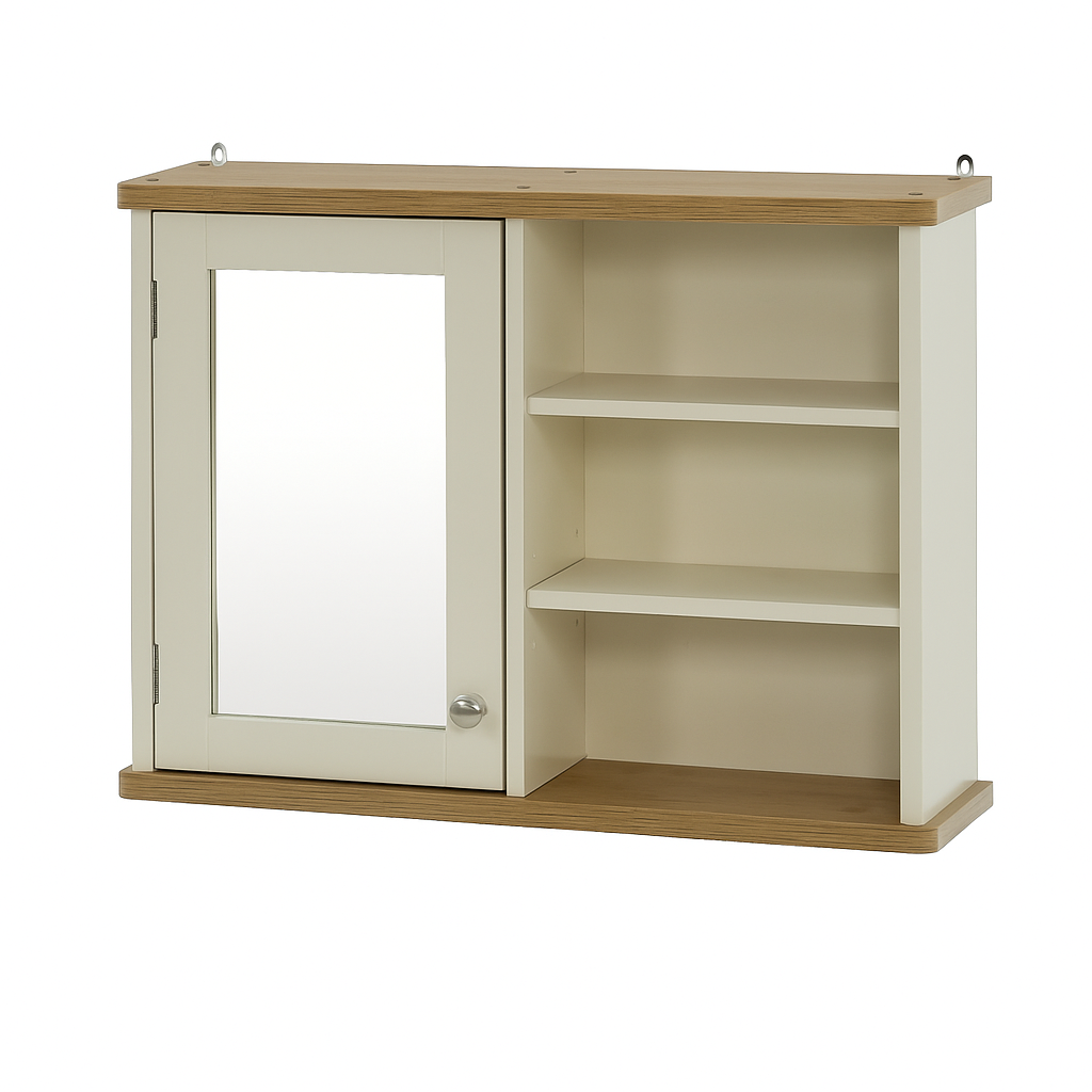 Olivia Single Mirrored Door Cabinet with Open Shelf - Ivory