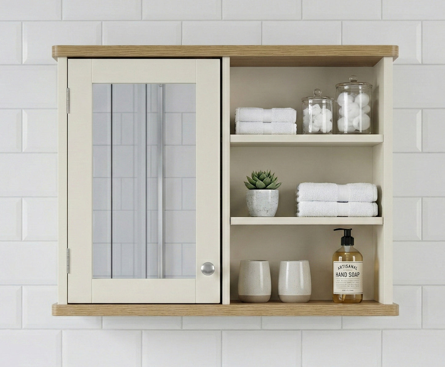 Olivia Single Mirrored Door Cabinet with Open Shelf - Ivory