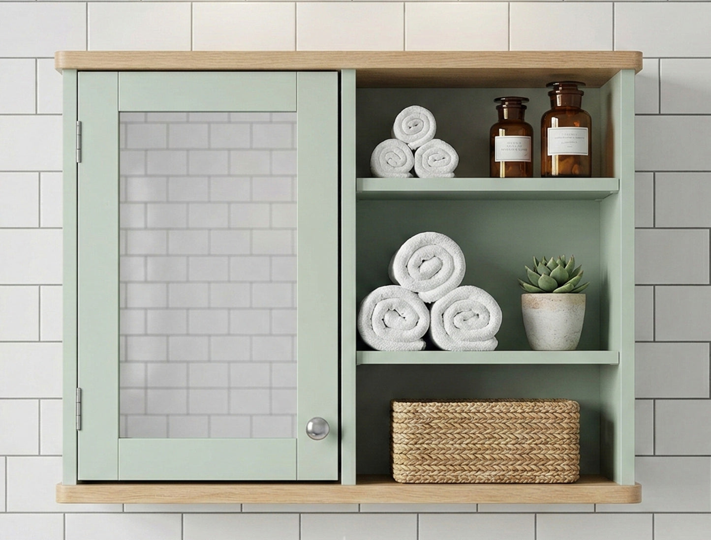 Olivia Single Mirrored Door Cabinet with Open Shelf  - Sea Foam