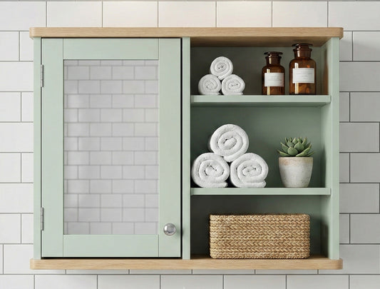 Olivia Single Mirrored Door Cabinet with Open Shelf  - Sea Foam