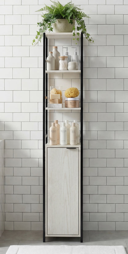 Rivet Tallboy with with Open Shelf - White Wood Effect